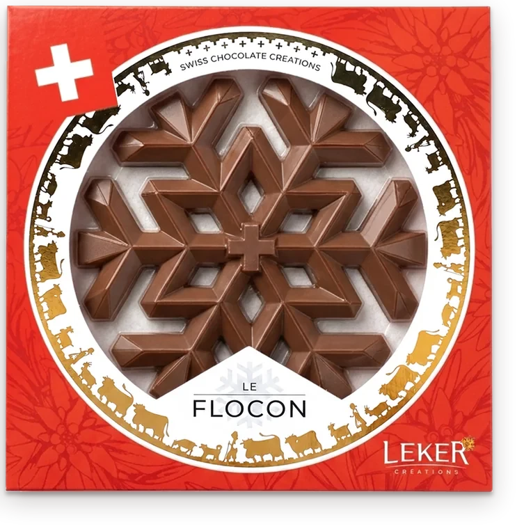 The red gift box of Le Flocon, the milk chocolate piece seen through the round window