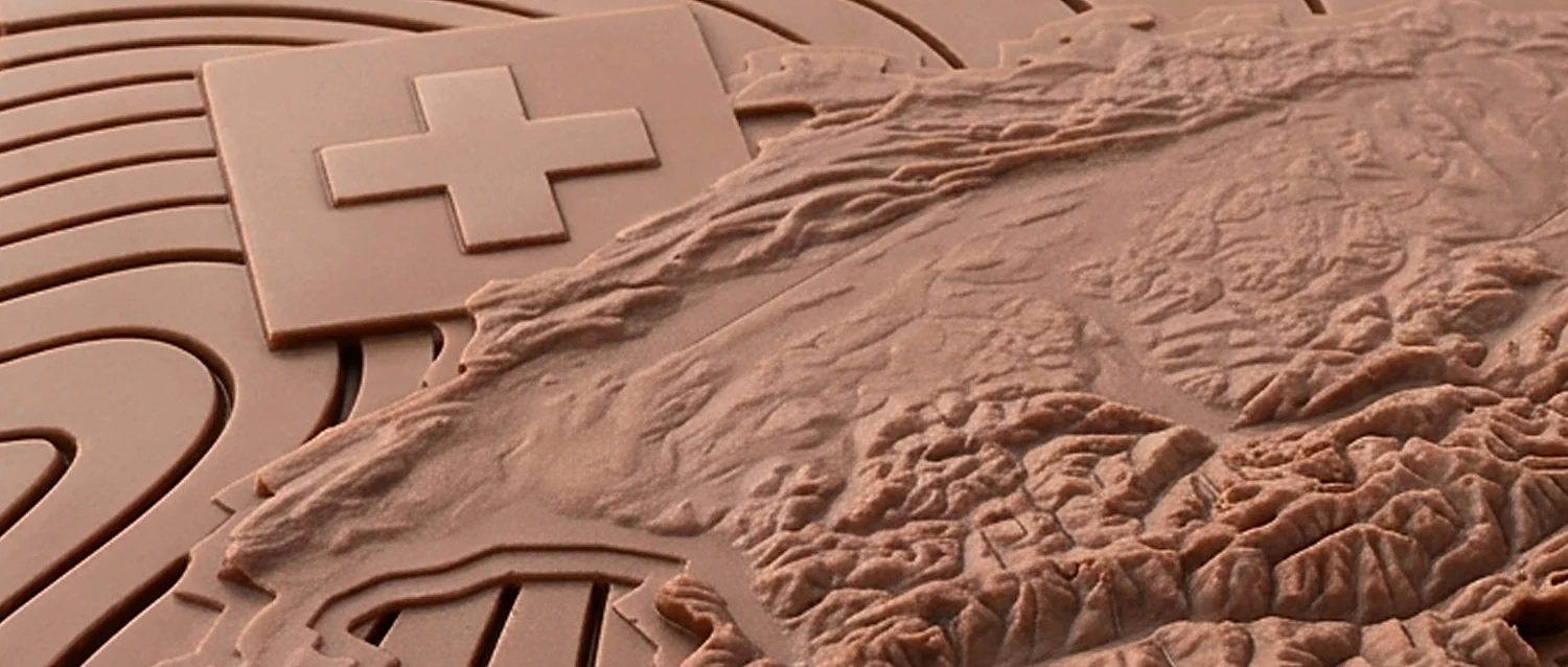 La Suisse en chocolat au lait, au plus près : le drapeau à croix suisse frappé dans la plaque, le pays en relief, les courbes de niveau