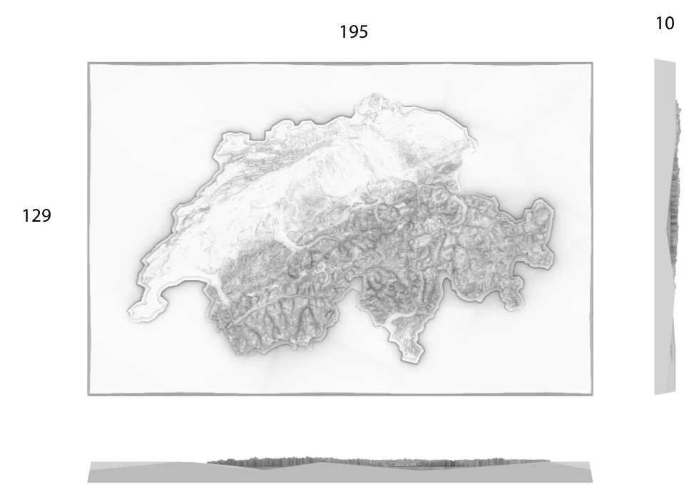 Planche de dépôt de La Suisse : le relief en niveaux de gris sur une plaque de 195 × 129 mm vue de dessus, 10 mm d’épaisseur vue de côté