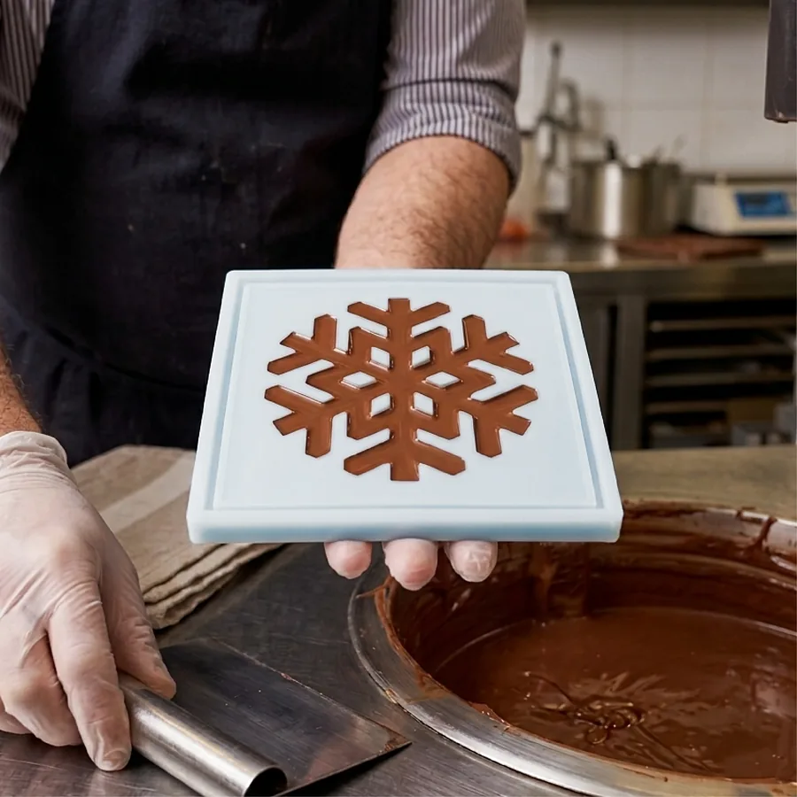 Un chocolatier tient le moule garni de chocolat au-dessus de la tempéreuse