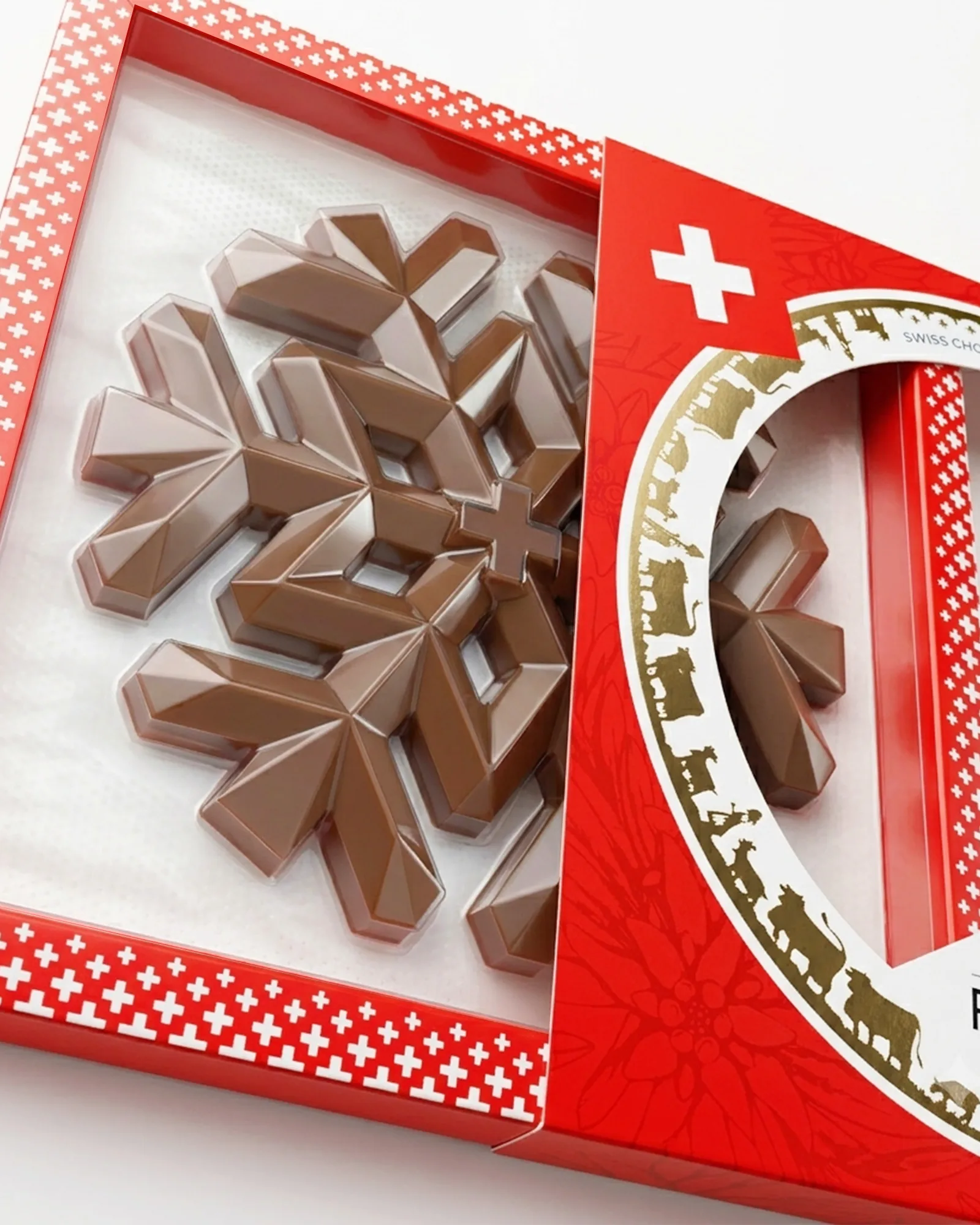 Le coffret du Flocon ouvert : le fourreau rouge à croix suisse, glissé de côté, découvre la pièce au lait