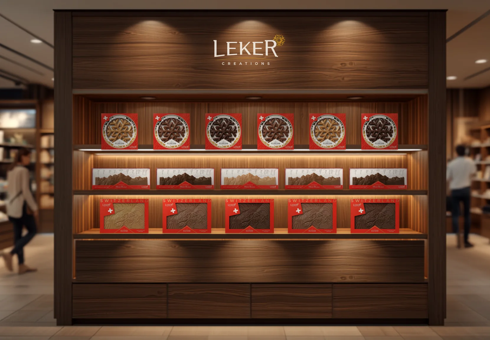 Vitrine Leker en boutique : les Flocons, les Massifs du Mont Blanc et les Suisse sur trois tablettes éclairées, sous le logo Leker Créations